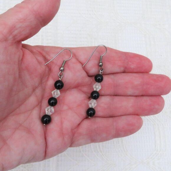 Handmade Onyx and Crystal Dangle Earrings For Women, Casual or Business Jewelry - Picture 5 of 6